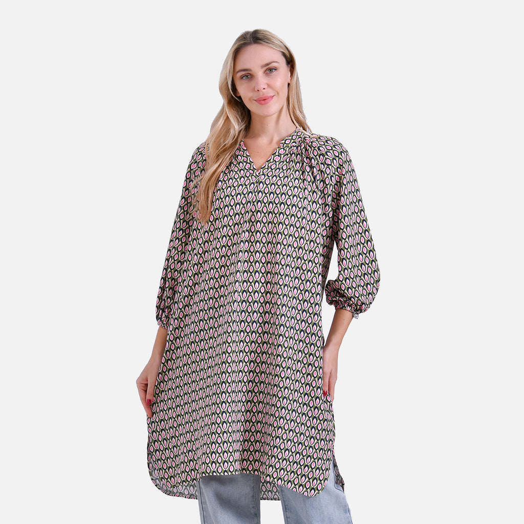 La Marey Geometric Print Three-Quarter Sleeve V-Neck Casual Midi Dress (Size L) - Green_8023479