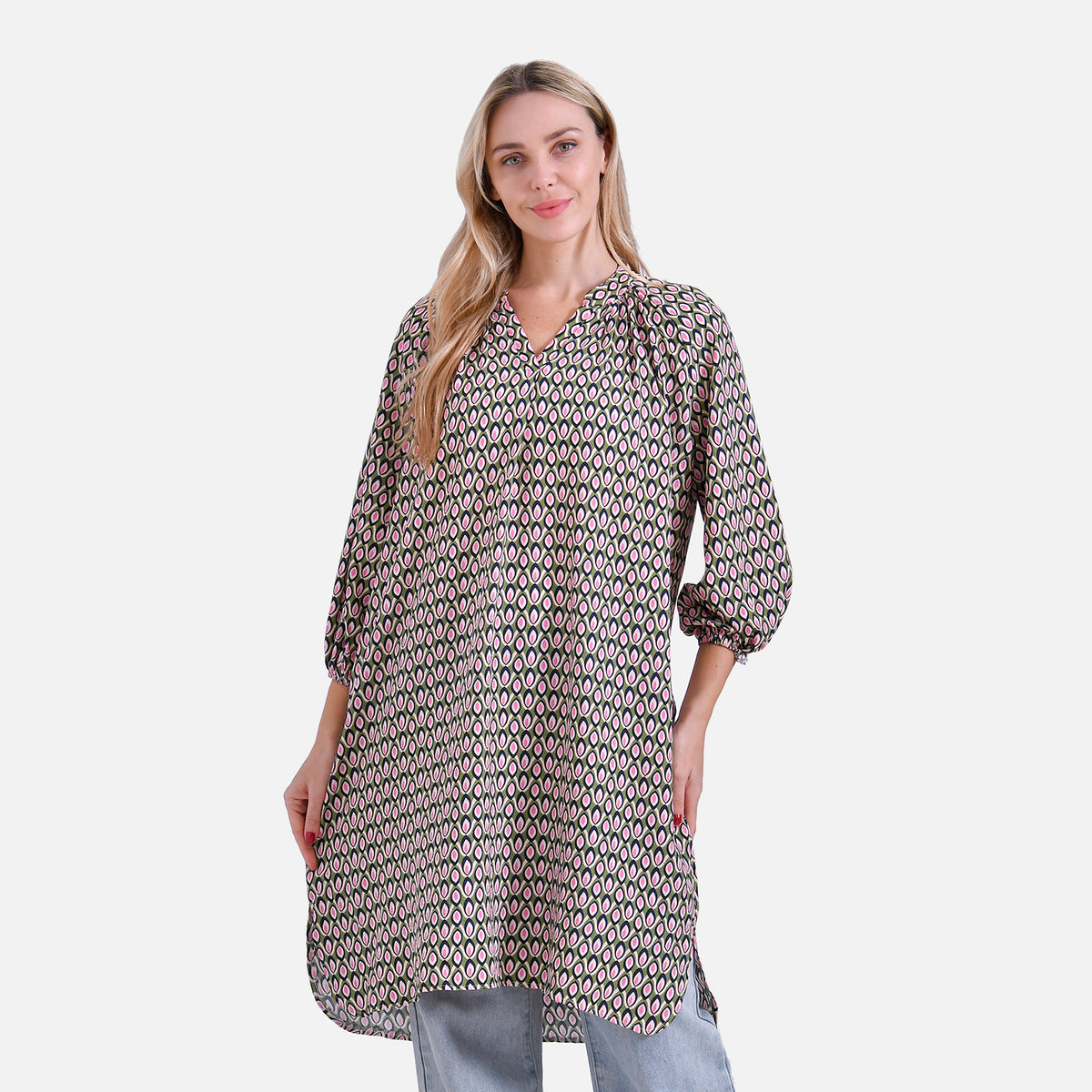 La Marey Geometric Print Three-Quarter Sleeve V-Neck Casual Midi Dress (Size L) - Green V32593504 0