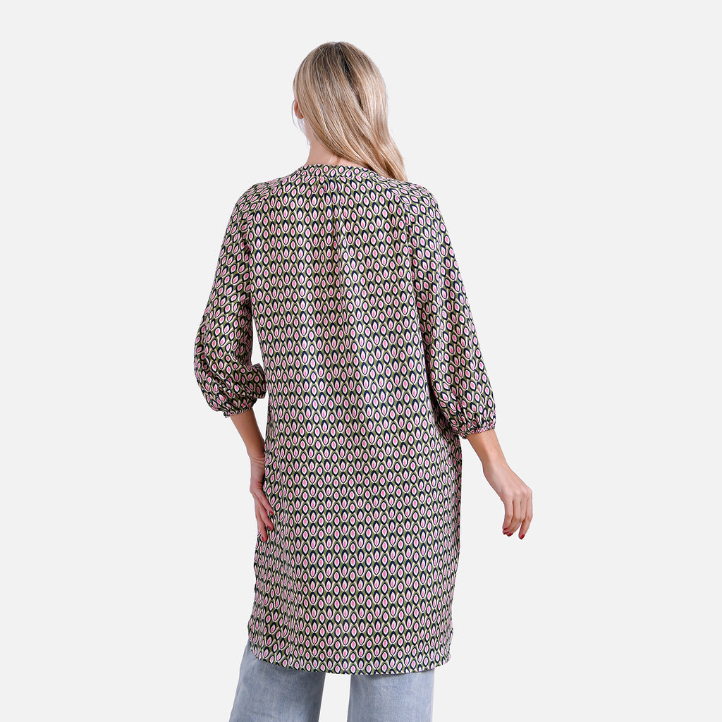 La Marey Geometric Print Three-Quarter Sleeve V-Neck Casual Midi Dress (Size L) - Green_8023479_1