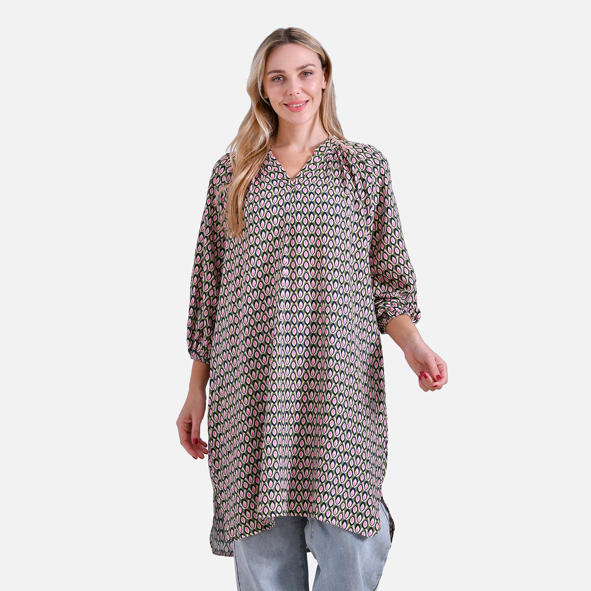 La Marey Geometric Print Three-Quarter Sleeve V-Neck Casual Midi Dress (Size L) - Green V32593504 3