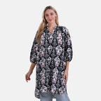 La Marey Abstract Print Three-Quarter Sleeve V-Neck Casual Midi Dress (Size L) - Black Base with White, Red & Blue Print_8023483