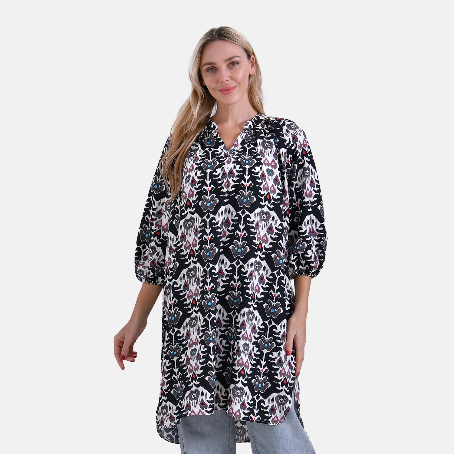 La Marey Abstract Print Three-Quarter Sleeve V-Neck Casual Midi Dress (Size L) - Black Base with White, Red &amp; Blue Print V32532492 0