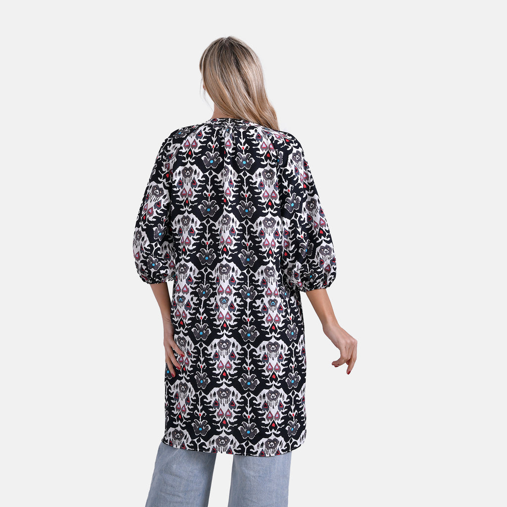 La Marey Abstract Print Three-Quarter Sleeve V-Neck Casual Midi Dress (Size L) - Black Base with White, Red & Blue Print_8023483_1