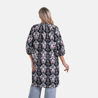 La Marey Abstract Print Three-Quarter Sleeve V-Neck Casual Midi Dress (Size L) - Black Base with White, Red & Blue Print_8023483_1
