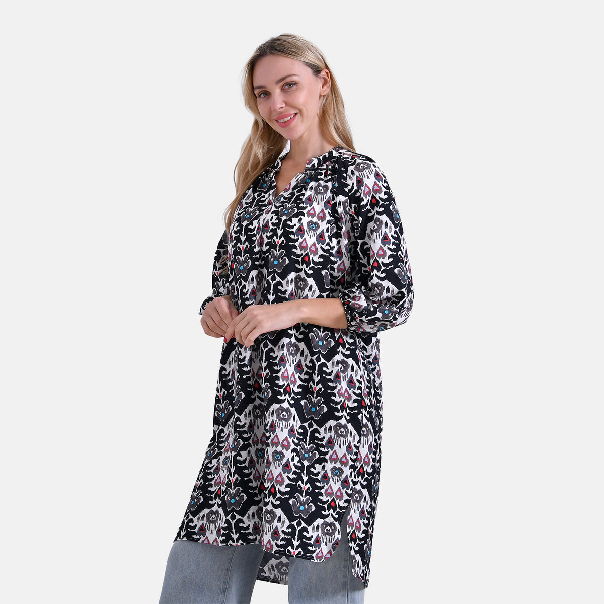 La Marey Abstract Print Three-Quarter Sleeve V-Neck Casual Midi Dress (Size L) - Black Base with White, Red &amp; Blue Print V32532492 3