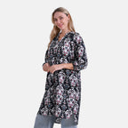 La Marey Abstract Print Three-Quarter Sleeve V-Neck Casual Midi Dress (Size L) - Black Base with White, Red & Blue Print_8023483_2