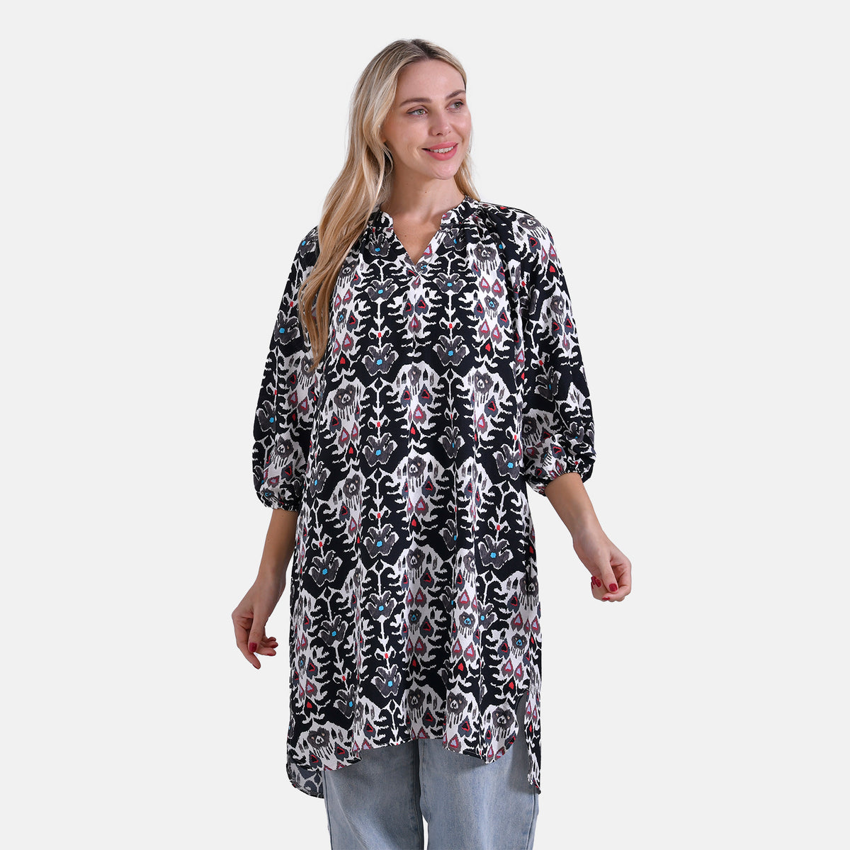La Marey Abstract Print Three-Quarter Sleeve V-Neck Casual Midi Dress (Size L) - Black Base with White, Red &amp; Blue Print V32532492 4
