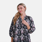 La Marey Abstract Print Three-Quarter Sleeve V-Neck Casual Midi Dress (Size L) - Black Base with White, Red & Blue Print_8023483_4