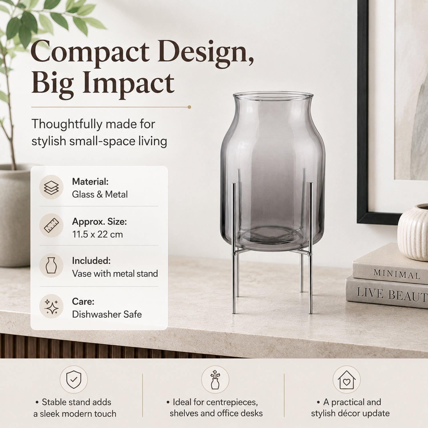 Arti Casa Glass Vase with Metal Stand V32359614 3