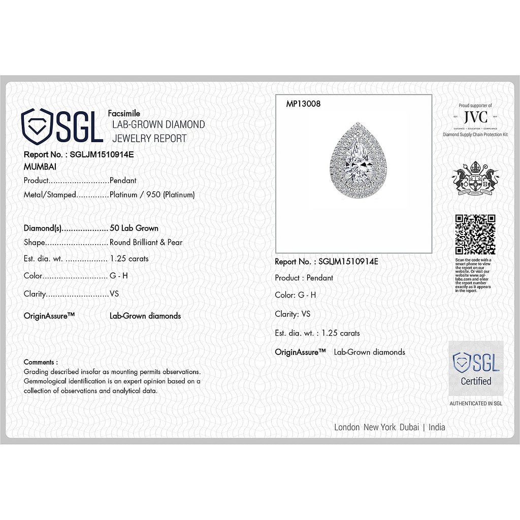 Luxuriant Diamond - 950 Platinum SGL Certified VS-GH Lab Grown Diamond Pendant 1.25 Ct.