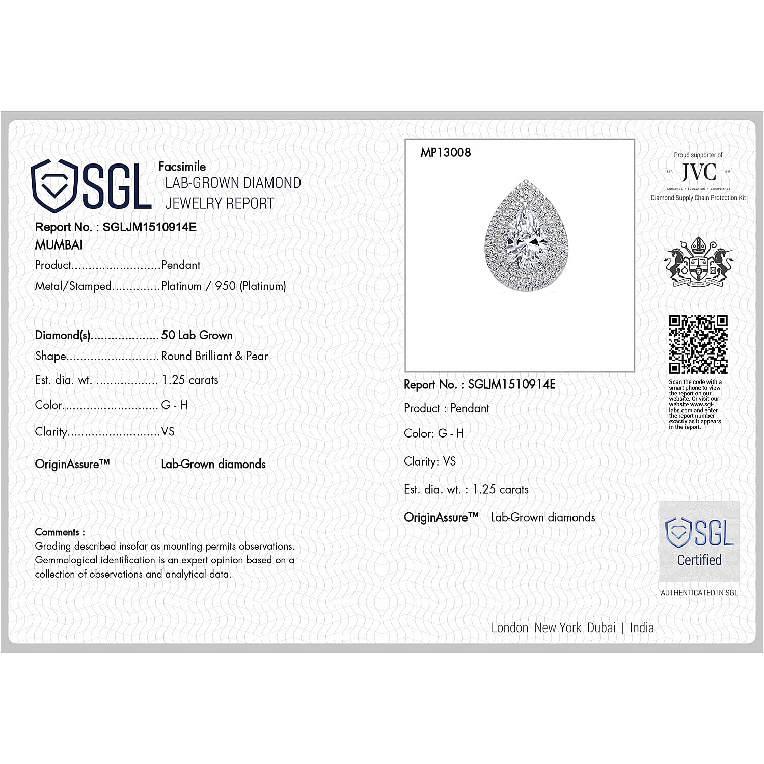 LUXURIANT 1.25 Ct. Lab Grown Diamond Halo Pendant in 950 Platinum, SGL Certified 8026264 5