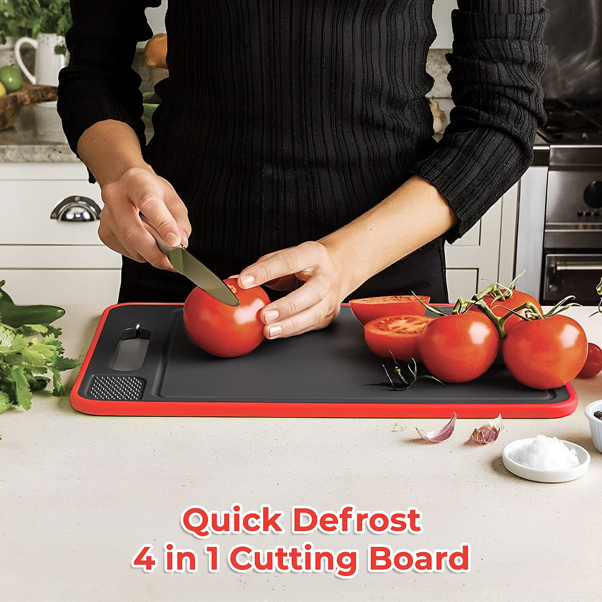 4-in-1 Multi-Purpose Defrosting Cutting Board - Defrosts upto 8 Times Faster, Knife Sharpener &amp; Garlic Grater - Black &amp; Red 8026689 2