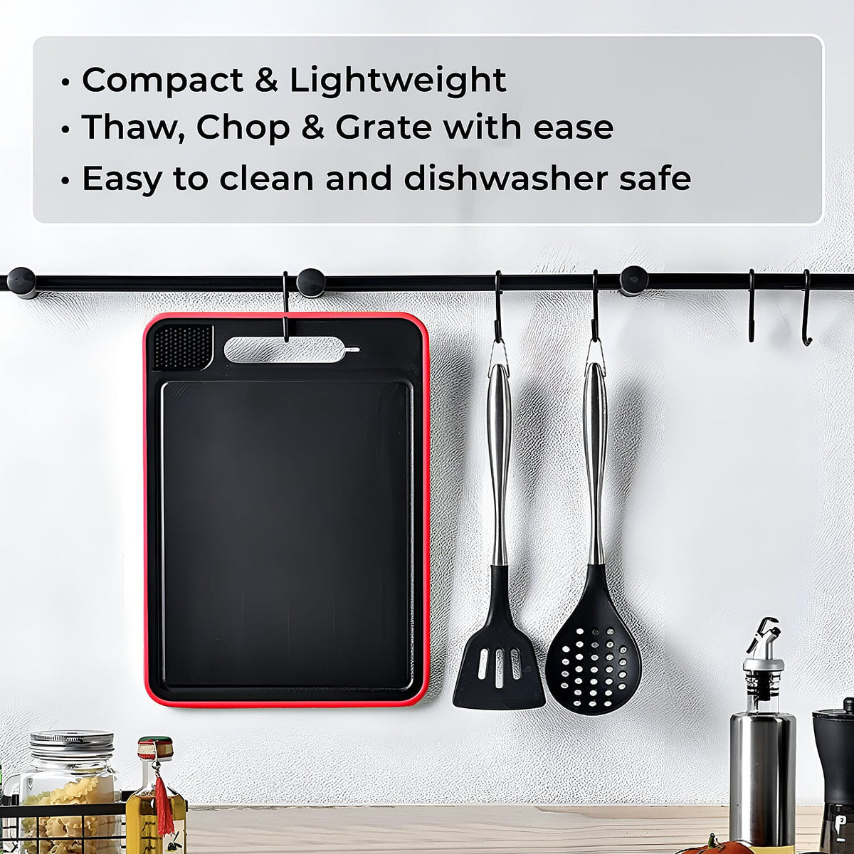 4-in-1 Multi-Purpose Defrosting Cutting Board - Defrosts upto 8 Times Faster, Knife Sharpener &amp; Garlic Grater - Black &amp; Red 8026689 4