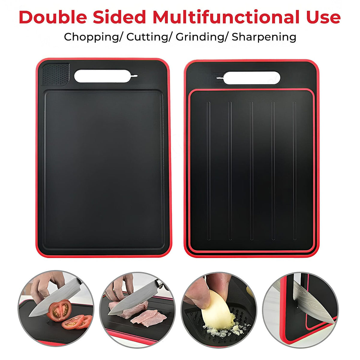 4-in-1 Multi-Purpose Defrosting Cutting Board - Defrosts upto 8 Times Faster, Knife Sharpener &amp; Garlic Grater - Black &amp; Red 8026689 5