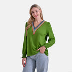 La Marey Elegant V-Neck Blouse with Lace Detail (Size 12 to 14) - Green_8027322_2