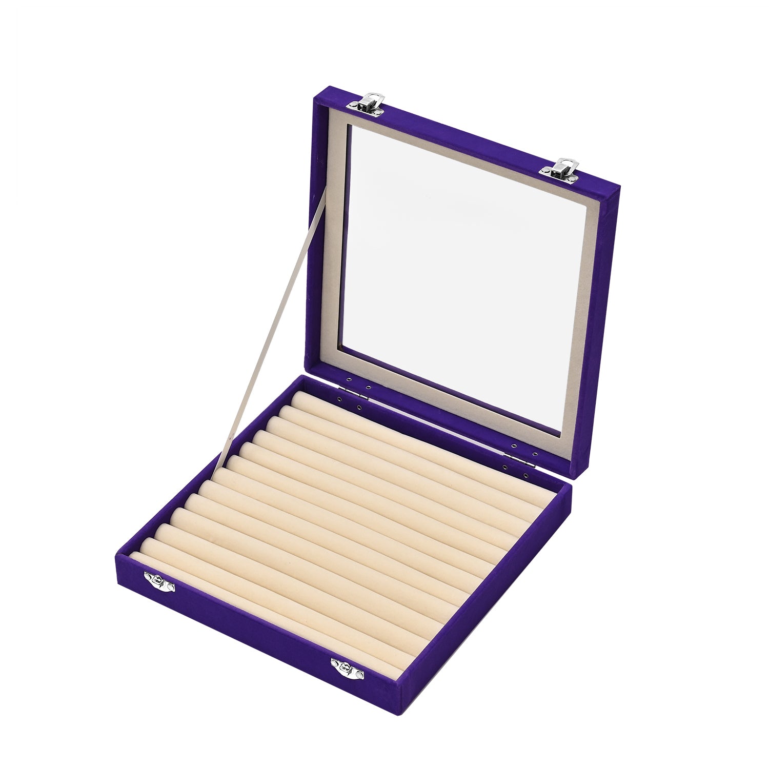 Velvet Glass Lid Multi Row Ring Display Organiser Box - Purple &amp; Cream 8030861 0