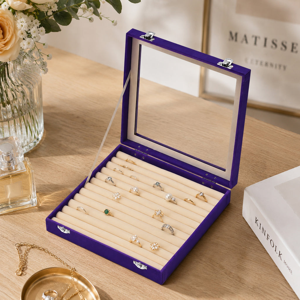 Velvet Glass Lid Multi Row Ring Display Organiser Box - Purple & Cream_8030861_1