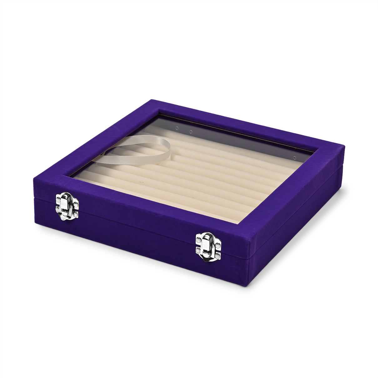 Velvet Glass Lid Multi Row Ring Display Organiser Box - Purple &amp; Cream 8030861 2