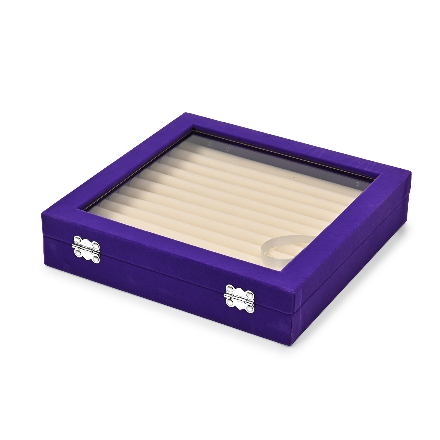 Velvet Glass Lid Multi Row Ring Display Organiser Box - Purple &amp; Cream 8030861 3