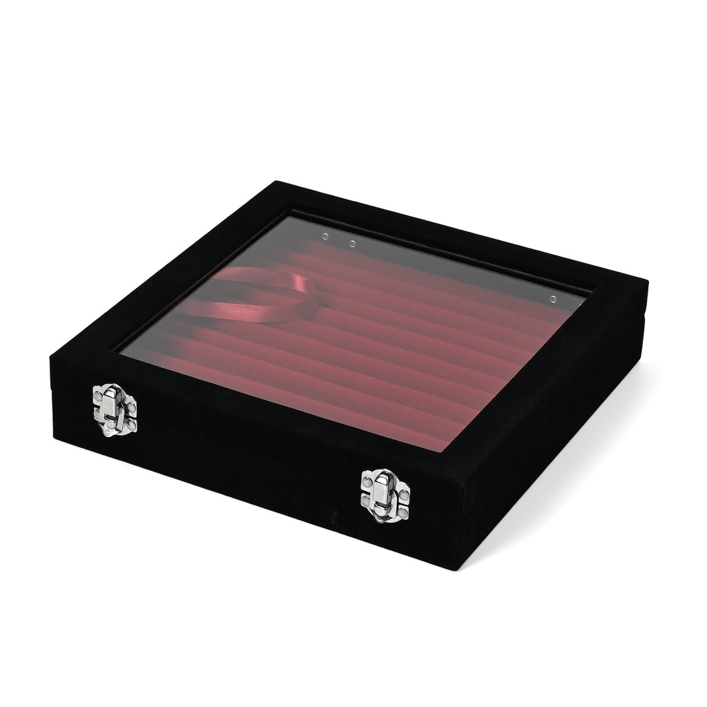 Velvet Glass Lid Multi Row Ring Display Organiser Box - Black & Wine_8030863_2