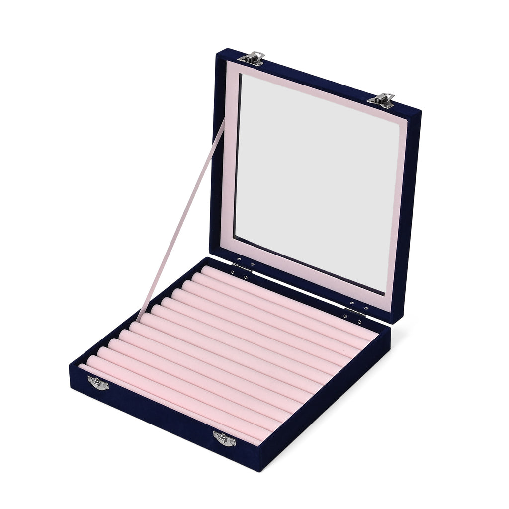 Velvet Glass Lid Multi Row Ring Display Organiser Box - Dark Blue & Baby Pink_8030864