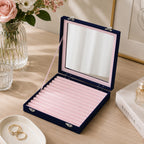 Velvet Glass Lid Multi Row Ring Display Organiser Box - Dark Blue & Baby Pink_8030864_1