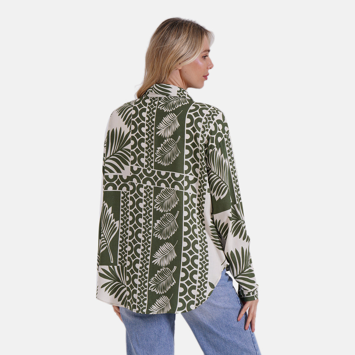 Tamsy Leaf &amp; Abstract Design Mixed Print Long Sleeve Button-Down Shirt 8032085 2