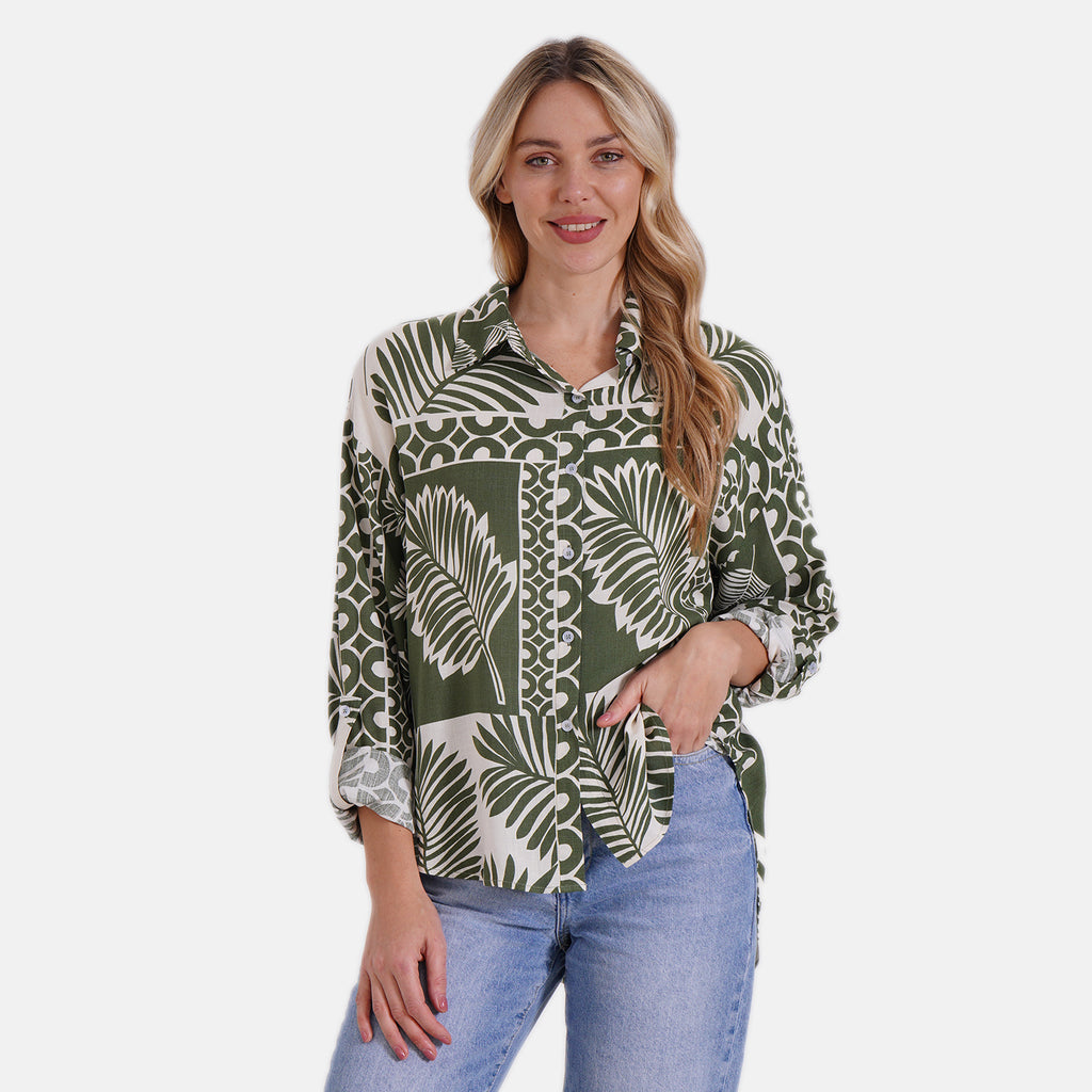 Tamsy Leaf & Abstract Design Mixed Print Long Sleeve Button-Down Shirt (Size - L/XL) - Green_8032085_3