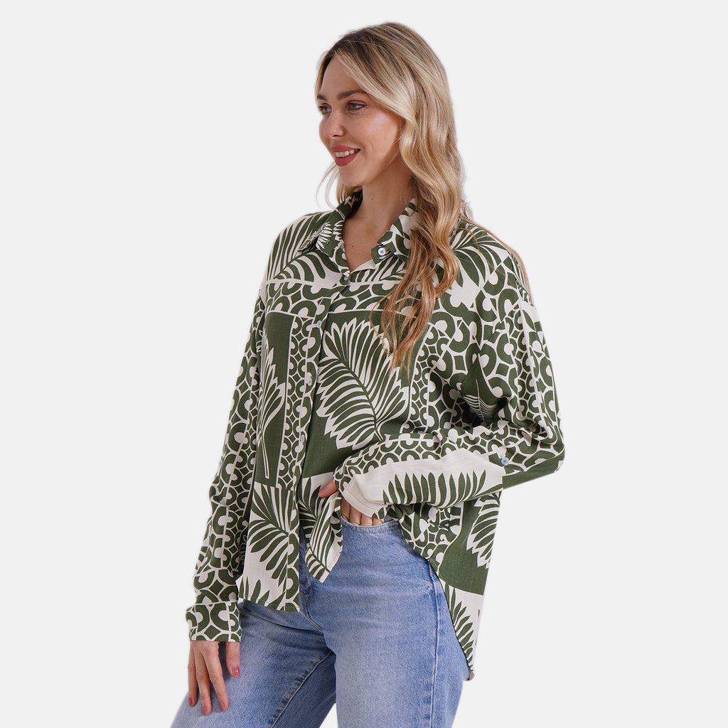 Tamsy Leaf & Abstract Design Mixed Print Long Sleeve Button-Down Shirt (Size - L/XL) - Green_8032085_4