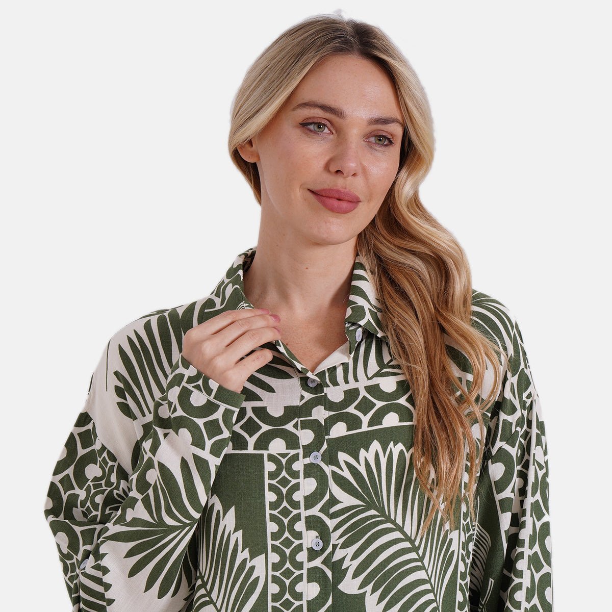 Tamsy Leaf &amp; Abstract Design Mixed Print Long Sleeve Button-Down Shirt 8032085 6