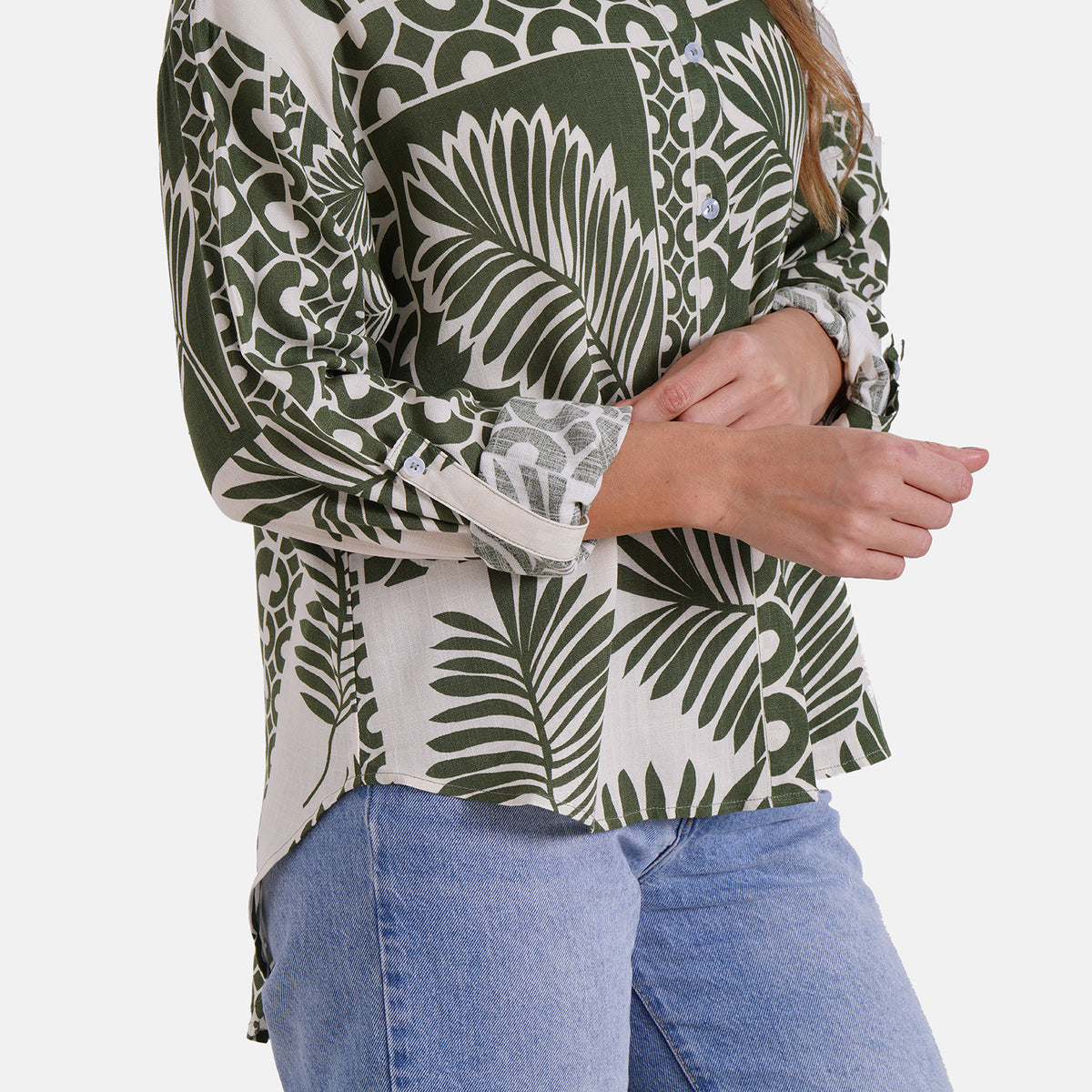 Tamsy Leaf &amp; Abstract Design Mixed Print Long Sleeve Button-Down Shirt 8032085 7