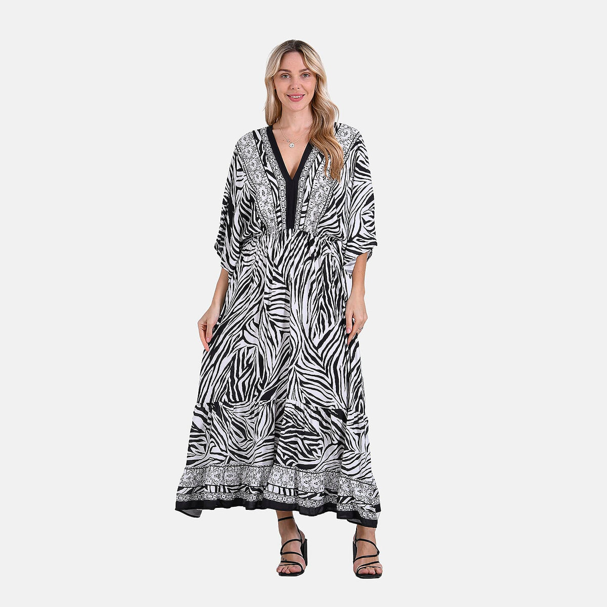 La Marey Zebra Stripe Print Elastic Waist V-Neck Maxi Dress with Kimono Sleeves V32516154 0