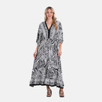 La Marey Zebra Stripe Print Elastic Waist V-Neck Maxi Dress with Kimono Sleeves - Black_8032419