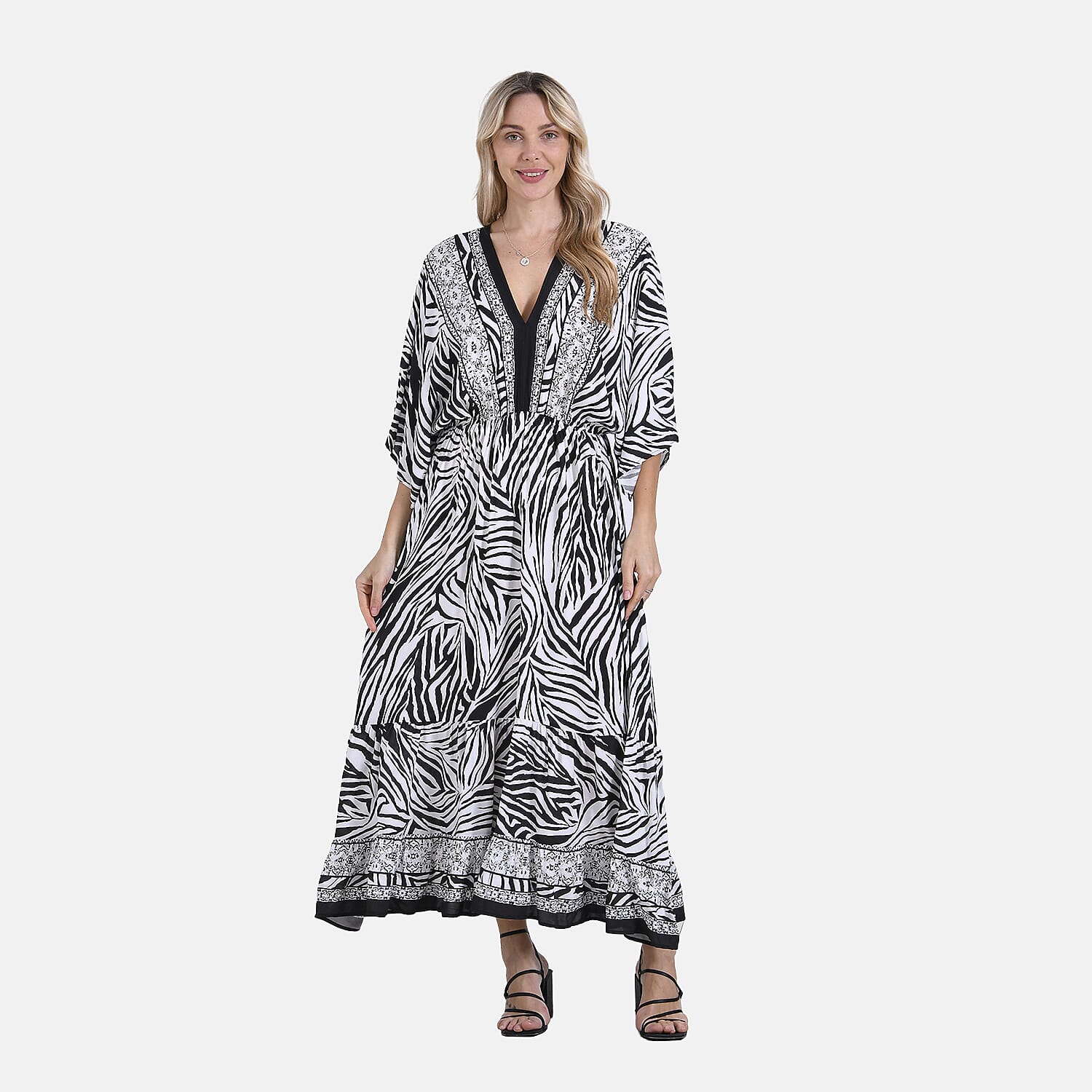 La Marey Zebra Stripe Print Elastic Waist V-Neck Maxi Dress with Kimono Sleeves V32516154 0
