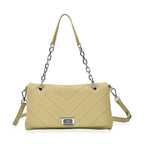 Elegant Genuine Leather Quilted Chevron Pattern Shoulder Bag with Chain Strap - Green_8033351