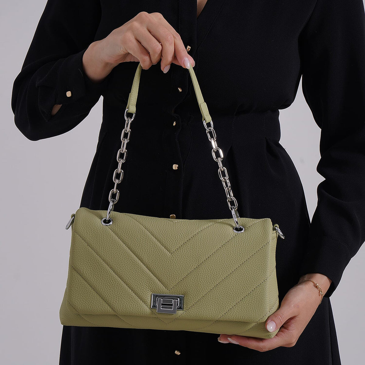 Elegant Genuine Leather Quilted Chevron Pattern Shoulder Bag with Chain Strap - Green 8033351 3
