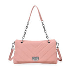Elegant Genuine Leather Quilted Chevron Pattern Shoulder Bag with Chain Strap - Pink_8033353