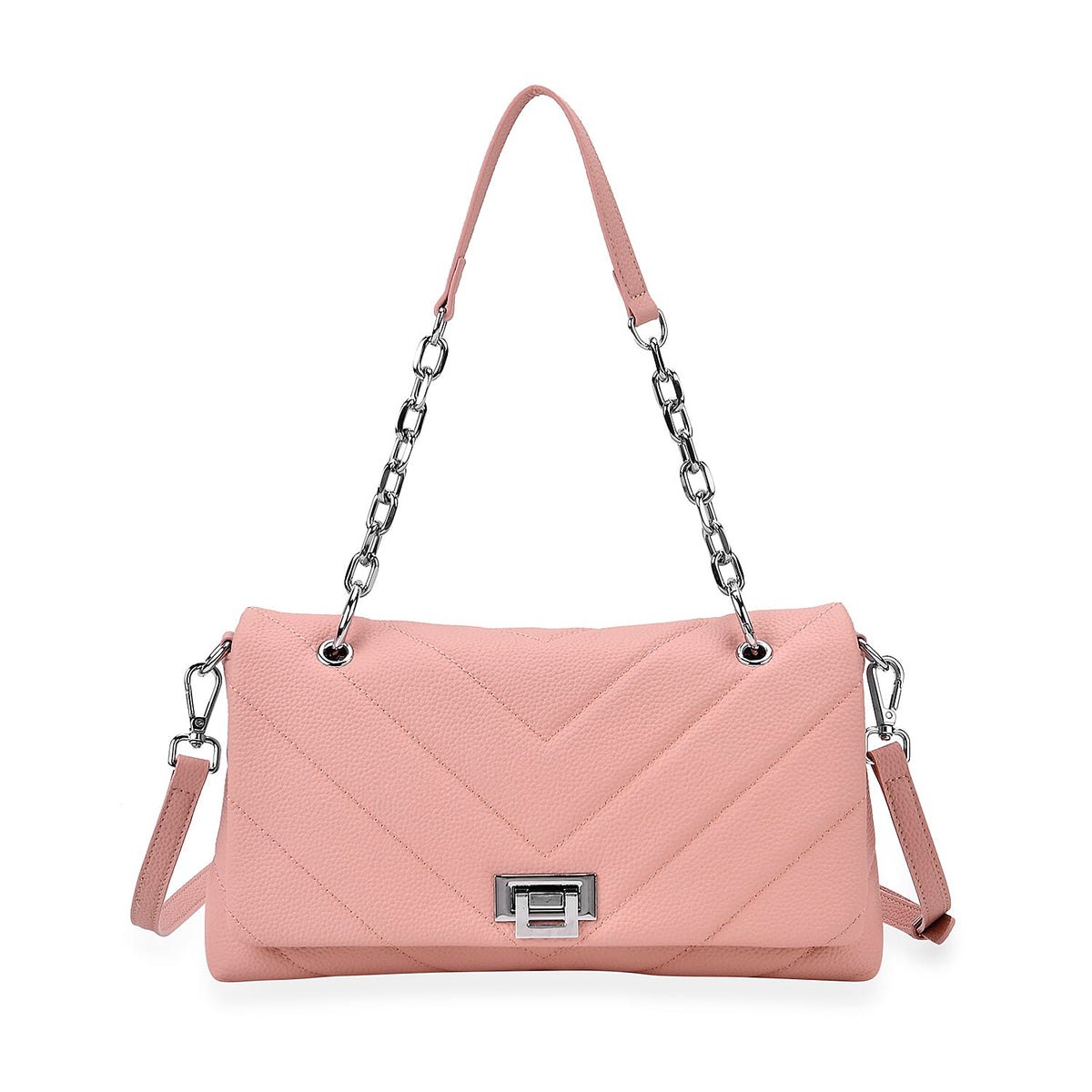 Elegant Genuine Leather Quilted Chevron Pattern Shoulder Bag with Chain Strap - Pink V32723107 0