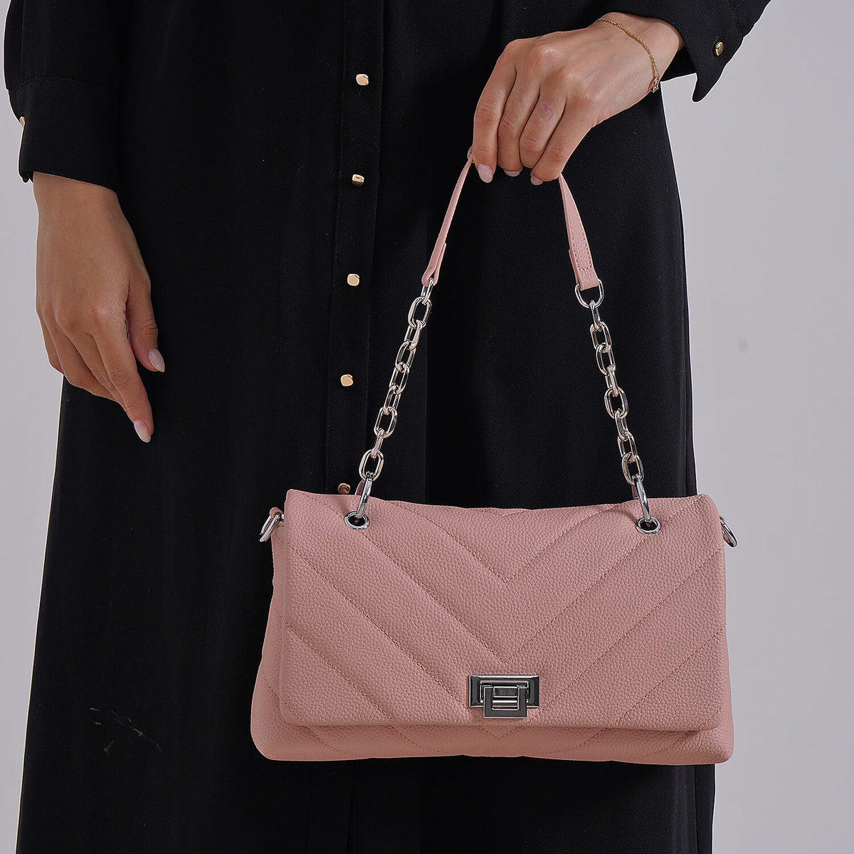 Elegant Genuine Leather Quilted Chevron Pattern Shoulder Bag with Chain Strap - Pink V32723107 3