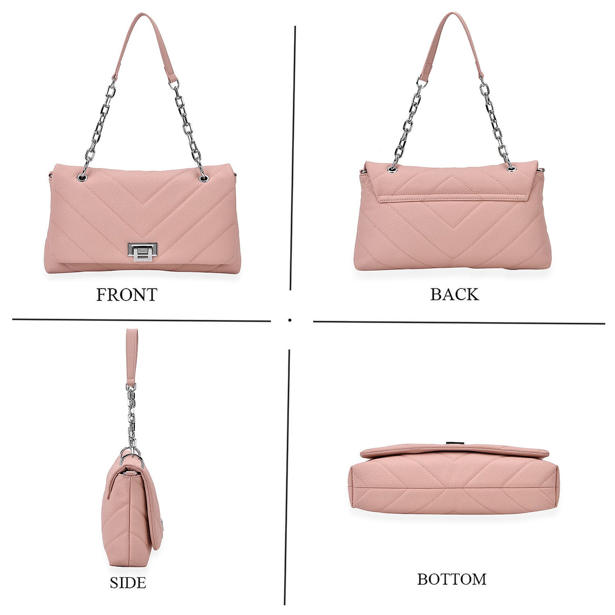 Elegant Genuine Leather Quilted Chevron Pattern Shoulder Bag with Chain Strap - Pink V32723107 4