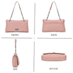 Elegant Genuine Leather Quilted Chevron Pattern Shoulder Bag with Chain Strap - Pink_8033353_3