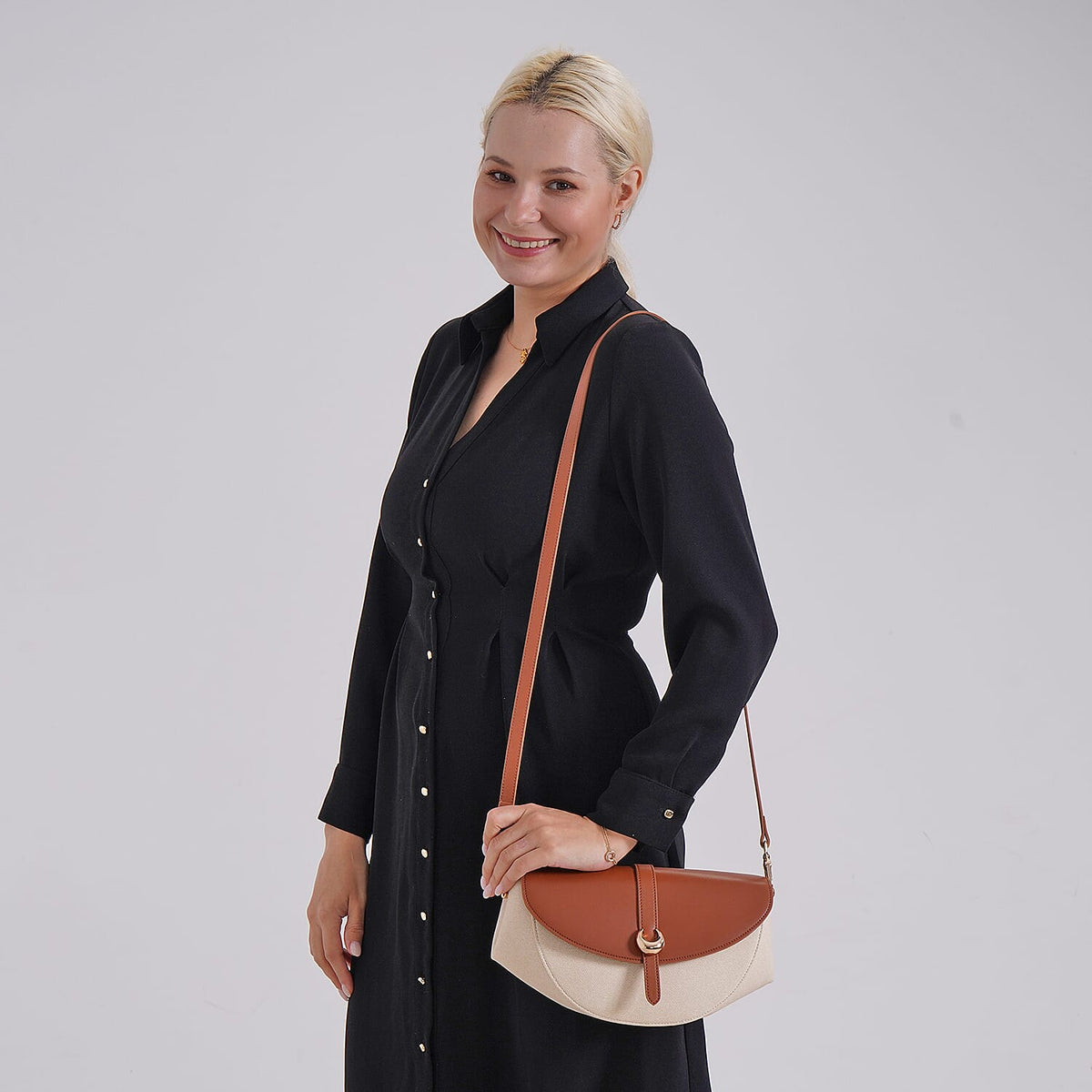 Genuine Leather Shoulder Bag with Two-Tone Curved Design - Tan and Beige V32581890 2