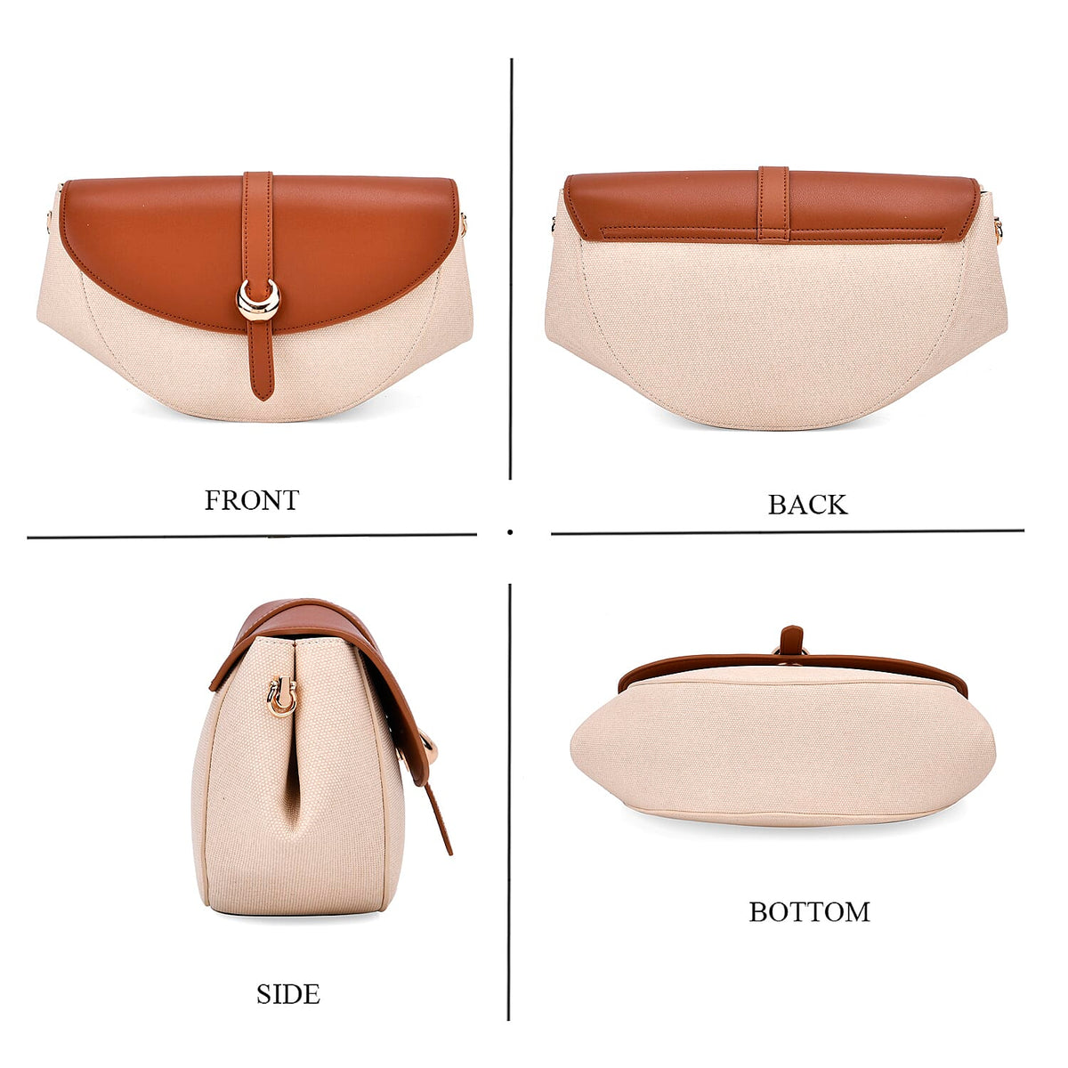 Genuine Leather Shoulder Bag with Two-Tone Curved Design - Tan and Beige V32581890 4