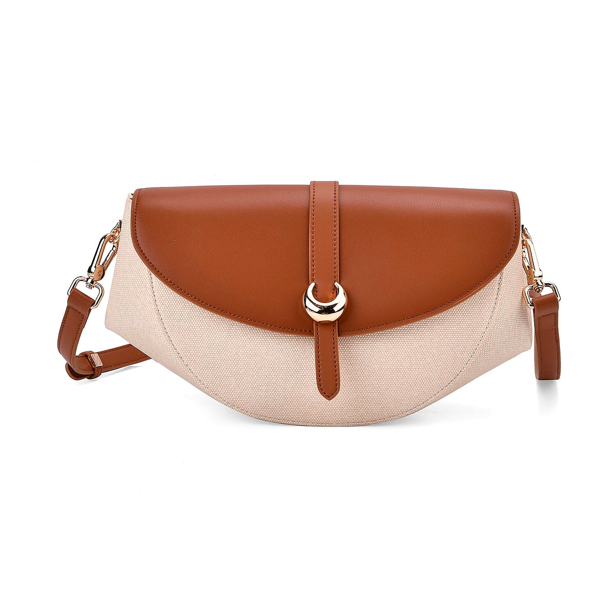 Genuine Leather Shoulder Bag with Two-Tone Curved Design - Tan and Beige V32581890 5
