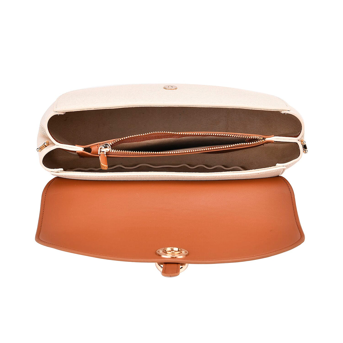 Genuine Leather Shoulder Bag with Two-Tone Curved Design - Tan and Beige V32581890 6