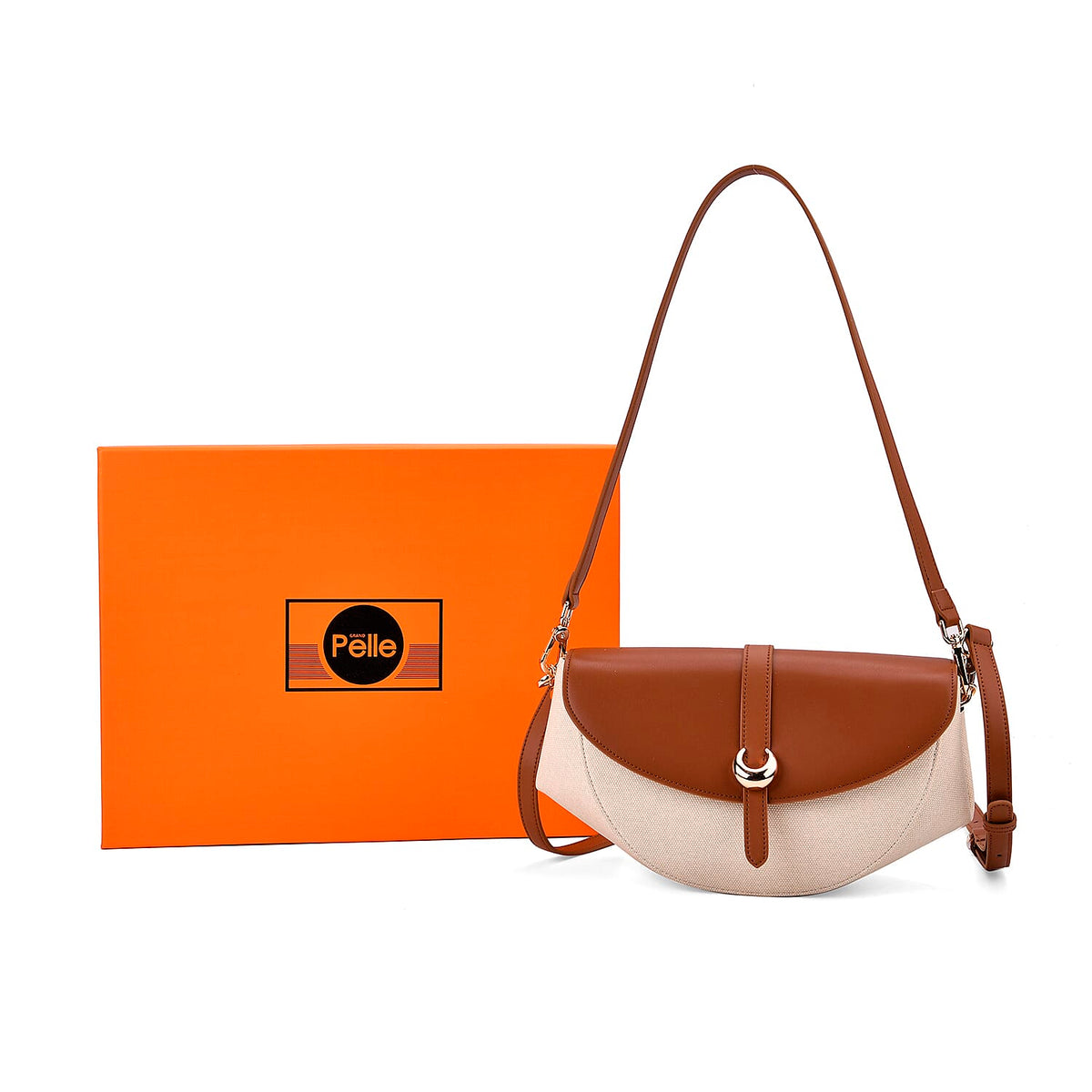 Genuine Leather Shoulder Bag with Two-Tone Curved Design - Tan and Beige V32581890 8