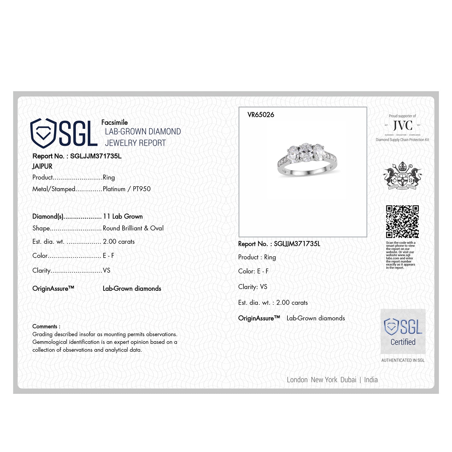 LUXURIANT 2 Ct. Lab Grown Diamond Trilogy Ring in 950 Platinum, SGL Certified 8034993 7