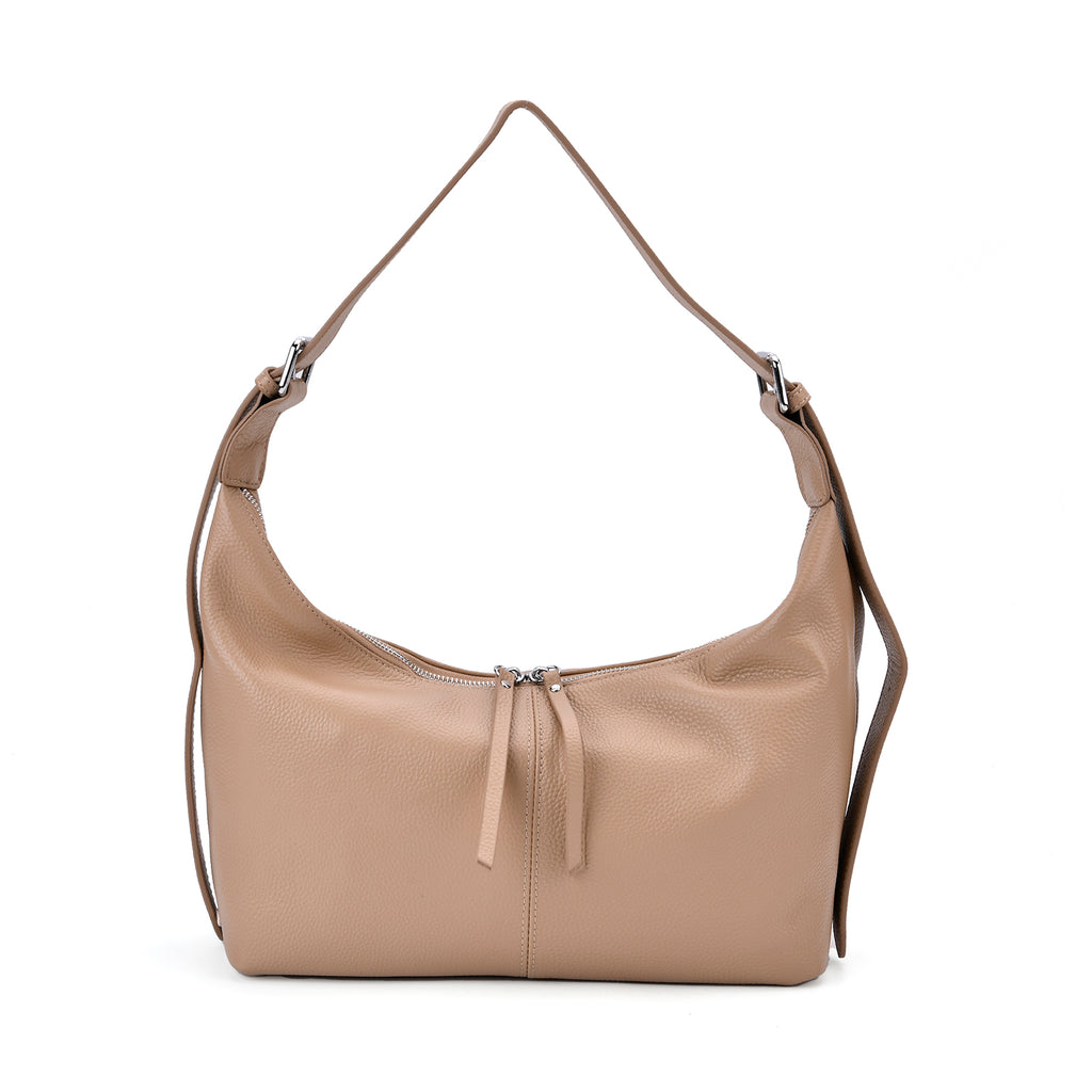 Versatile Genuine Leather Shoulder Bag with Adjustable Strap - Beige_8037361