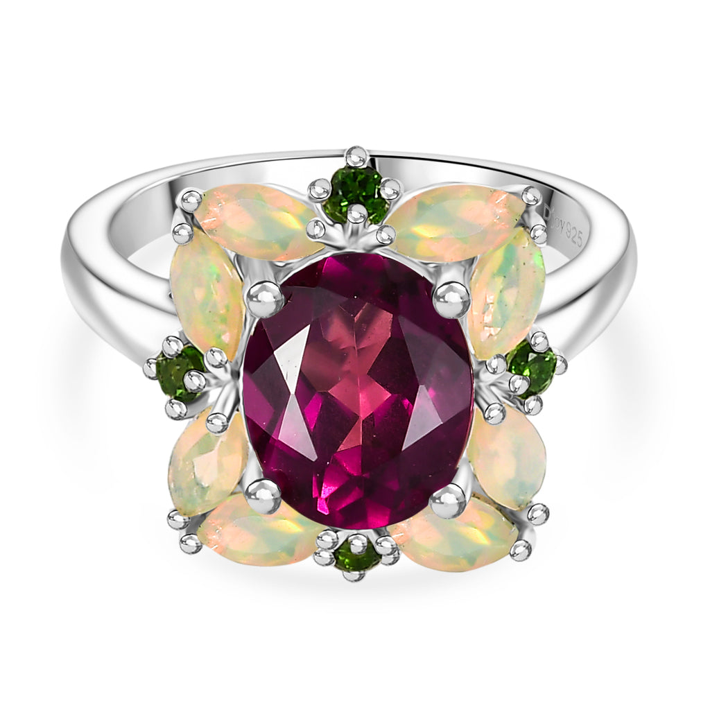 Rhodolite Garnet ,  Natural Chrome Diopside ,  Ethiopian Opal  Main Stone With Side Stone Ring in Rhodium Overlay Sterling Silver 4.38 ct  4.042  Ct._8037525