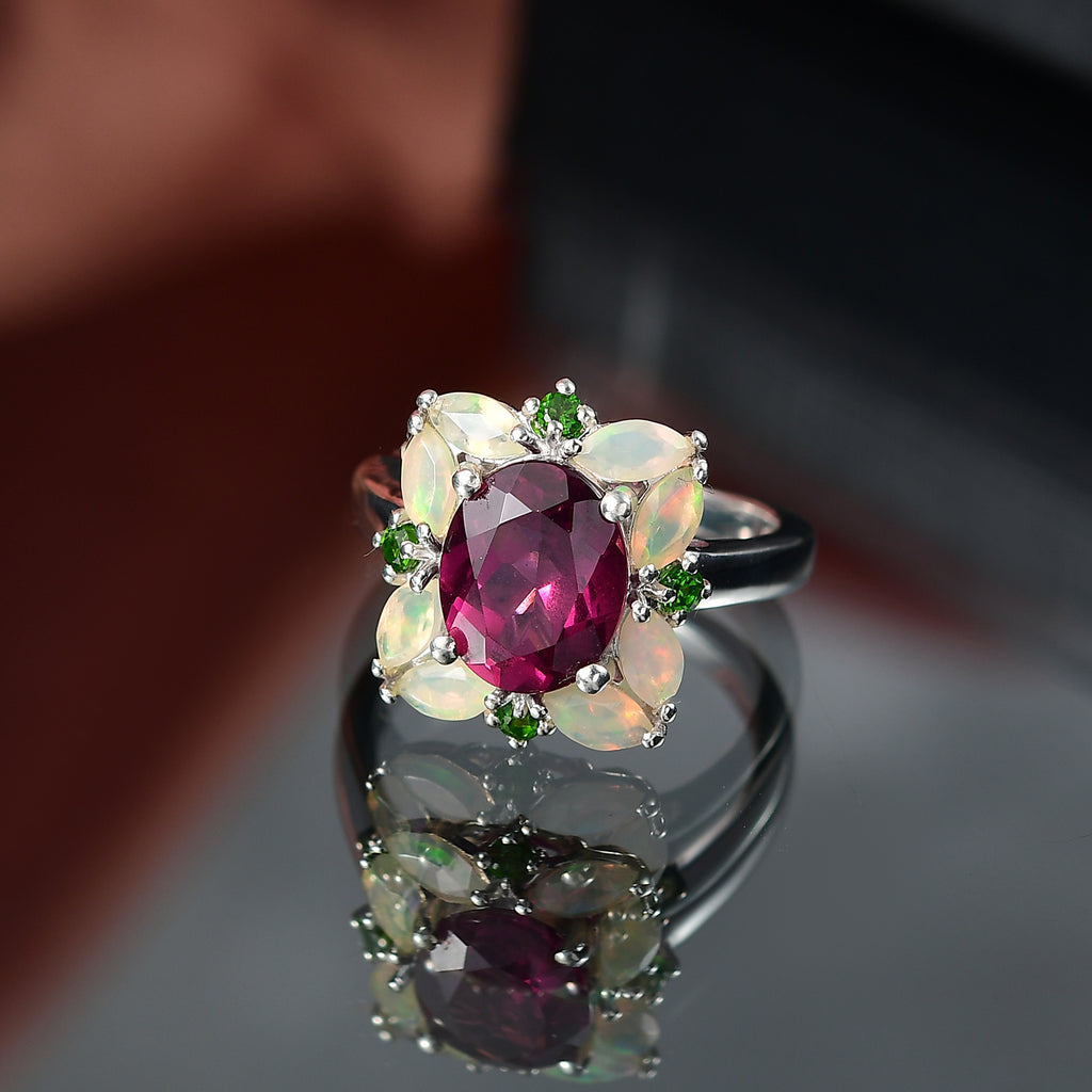 Rhodolite Garnet ,  Natural Chrome Diopside ,  Ethiopian Opal  Main Stone With Side Stone Ring in Rhodium Overlay Sterling Silver 4.38 ct  4.042  Ct._8037525_1
